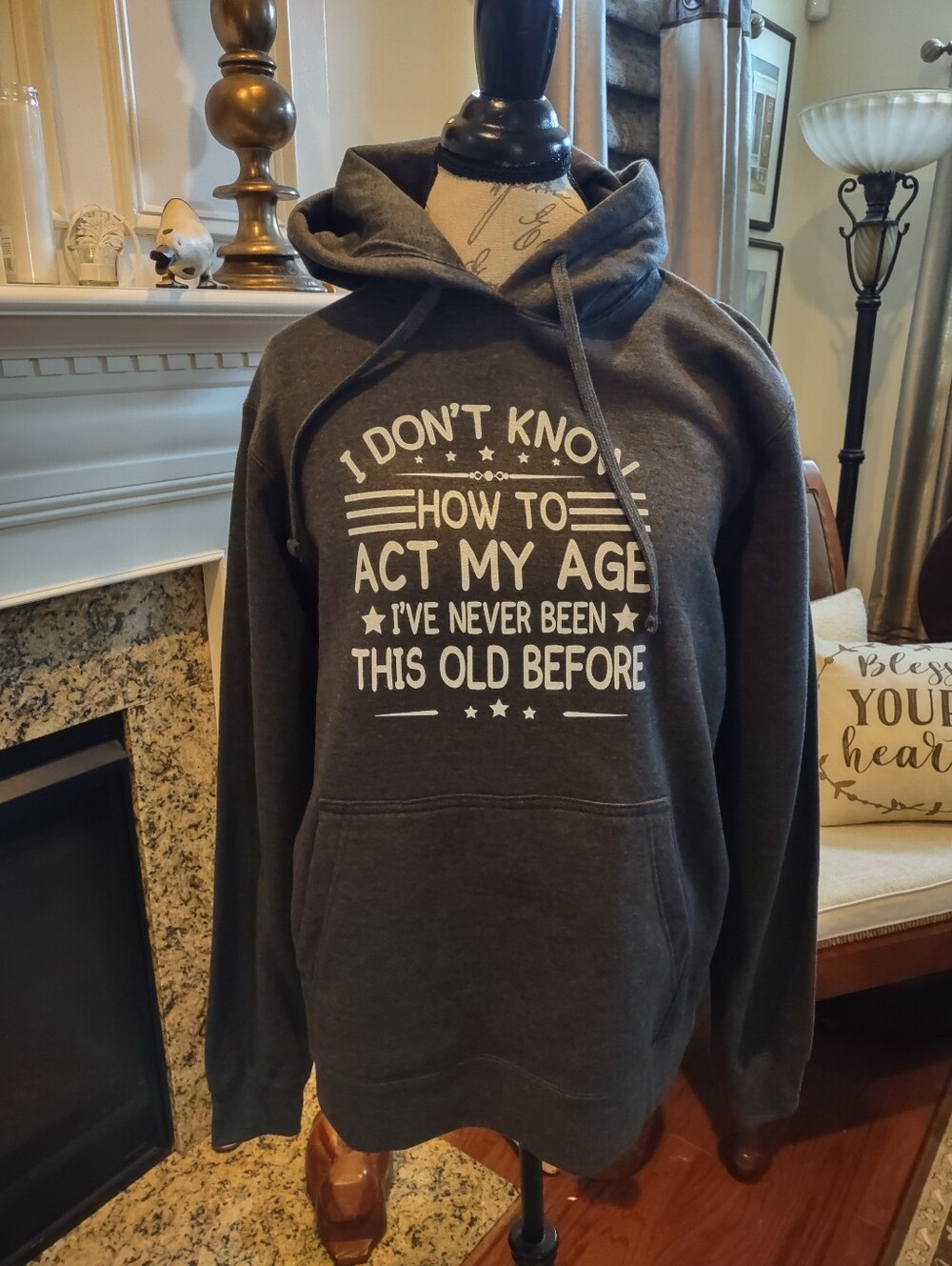 Womens Gray Graphic Hoodie Sweatshirt - 'I Don't Know How To Act My Age' Size M